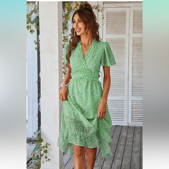 Women V Neck Ruffle Short Sleeve Floral Print Midi Dress Green Large - Picture 3 of 8